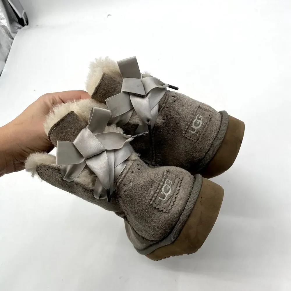 UGG Gray Bow Short Shearling Boots